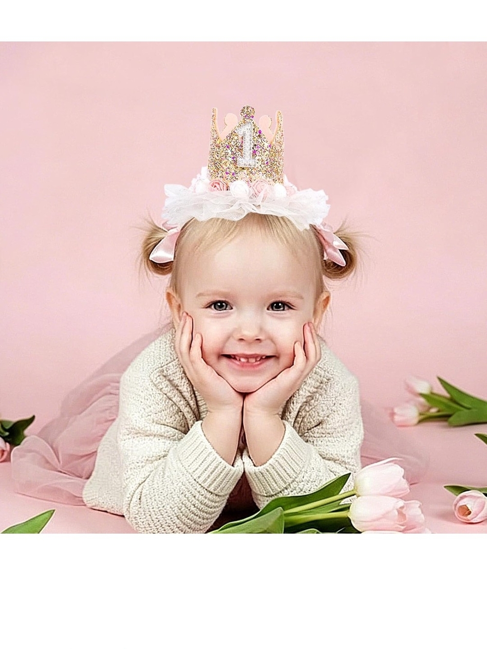 Glitter Pink First Birthday Princess Crown Headband - Picture 2 of 7